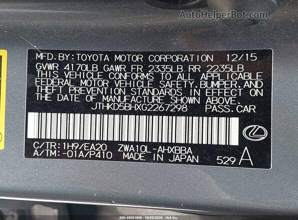 JTHKD5BHXG2267298 2016 LEXUS CT 200H Gray 