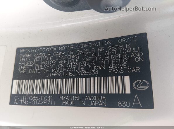 JTHP9JBH6L2035534 2020 LEXUS UX 250H White 