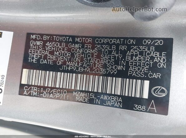 JTHP9JBH9L2035799 2020 LEXUS UX 250H Pewter ძრავის განყოფილების ხედი