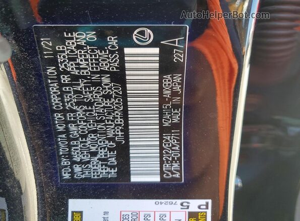 JTHP9JBH9N2057207 2022 LEXUS UX Black Vista de la etiqueta del VIN