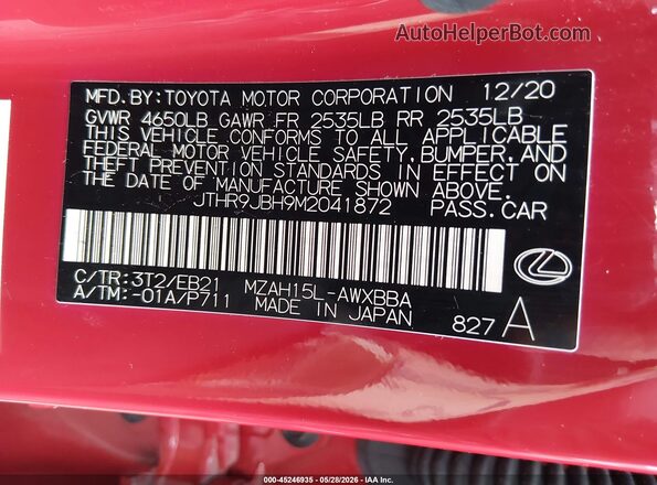 JTHR9JBH9M2041872 2021 LEXUS UX 250H Red Widok komory silnika
