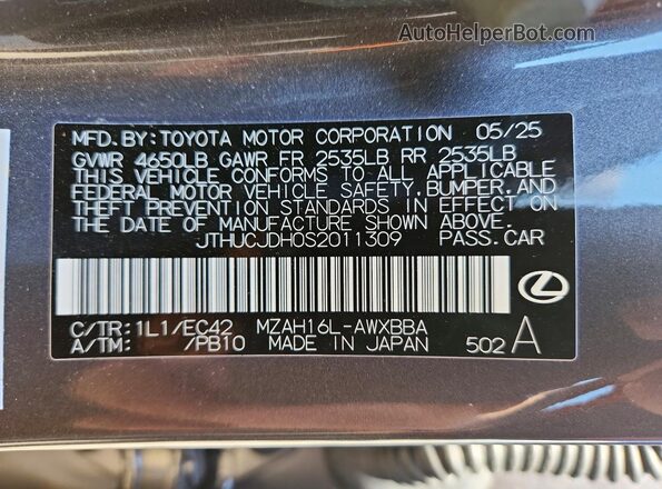 JTHUCJDH0S2011309 2025 LEXUS UX Gray Vista de la etiqueta del VIN