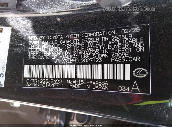 JTHX9JBH0L2027123 2020 LEXUS UX 250H Black Շարժիչի բաժամունքի տեսք