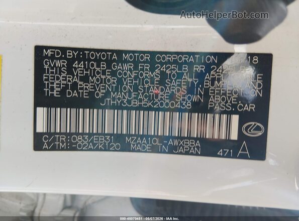 JTHY3JBH5K2000438 2019 LEXUS UX 200 White Widok komory silnika