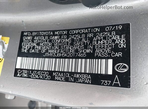 JTHY3JBH5K2017465 2019 LEXUS UX 200 Silver Engine compartment view