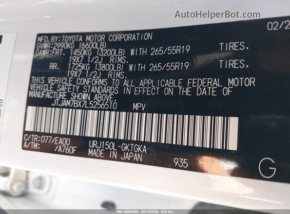 JTJAM7BX7L5256510 2020 LEXUS GX 460 White Engine compartment view