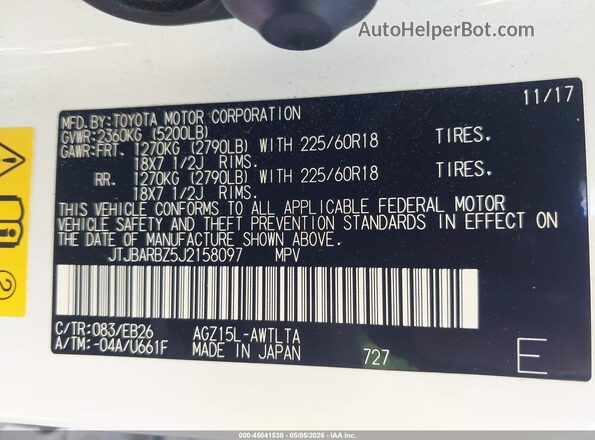 JTJBARBZ5J2158097 2018 LEXUS NX 300 White Вид підкапотного простору