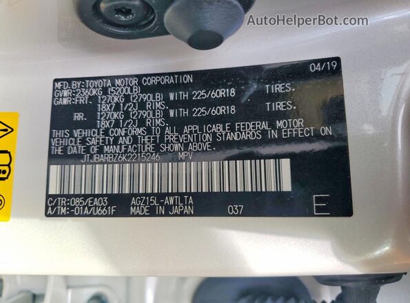 JTJBARBZ6K2215246 2019 LEXUS NX White 