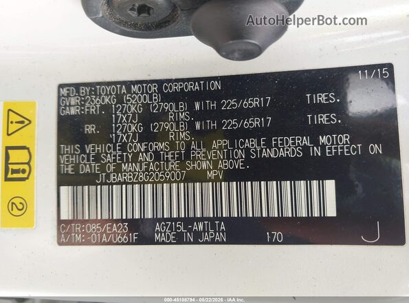 JTJBARBZ8G2059007 2016 LEXUS NX 200T White 
