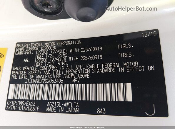 JTJBARBZ9G2063406 2016 LEXUS NX 200T White 