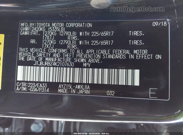 JTJBJRBZ4K2107630 2019 LEXUS NX 300H Black Vista del compartimento del motor