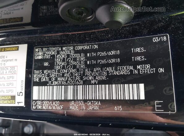 JTJBM7FX6J5201638 2018 LEXUS GX 460 Black ძრავის განყოფილების ხედი