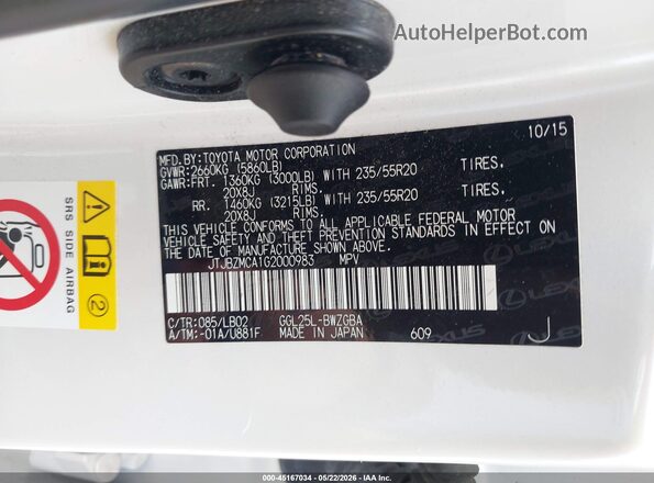 JTJBZMCA1G2000983 2016 LEXUS RX 350 White 