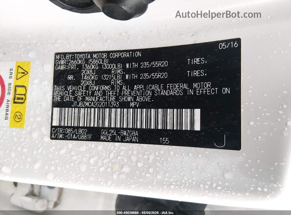 JTJBZMCA2G2011393 2016 LEXUS RX 350 White Vista del compartimento del motor