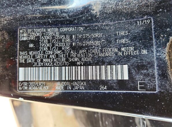 JTJDY7AX2L4320770 2020 LEXUS LX Black Vista de la etiqueta del VIN