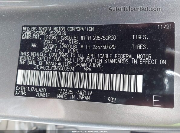 JTJHGCEZ0N5000594 2022 LEXUS NX 350 Pewter ძრავის განყოფილების ხედი