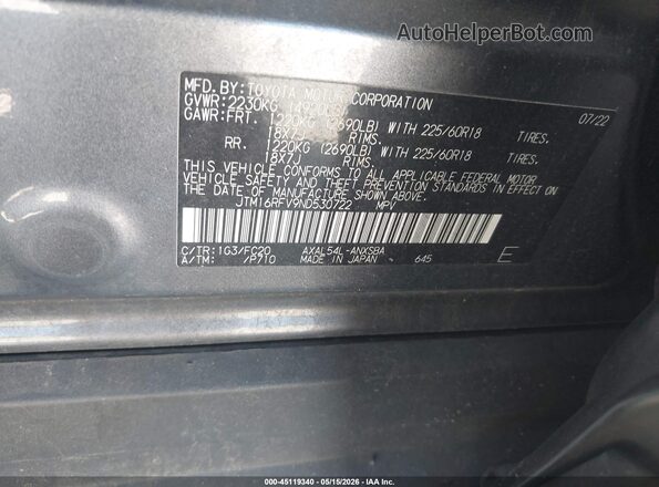 JTM16RFV9ND530722 2022 TOYOTA RAV4 HYBRID Gray Շարժիչի բաժամունքի տեսք