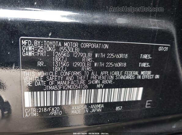 JTMAB3FV2MD054126 2021 TOYOTA RAV4 PRIME Black ძრავის განყოფილების ხედი