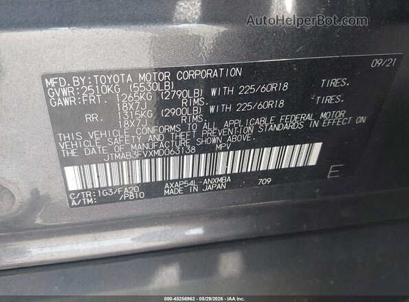 JTMAB3FVXMD063138 2021 TOYOTA RAV4 PRIME Gray Շարժիչի բաժամունքի տեսք