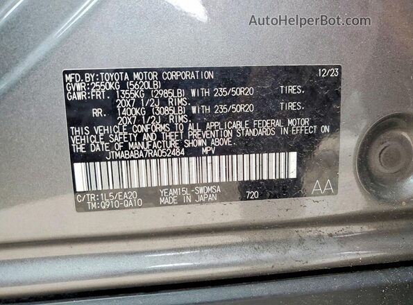 JTMABABA7RA052484 2024 SUBARU SOLTERRA Gray Widok naklejki z numerem VIN