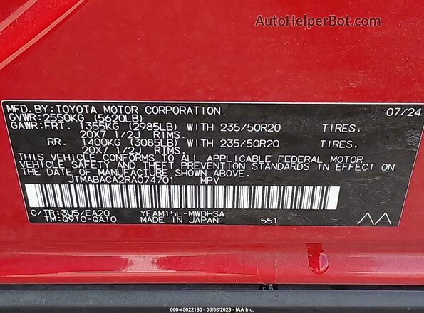 JTMABACA2RA074701 2024 TOYOTA LIMITED Red Շարժիչի բաժամունքի տեսք