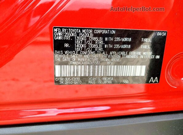 JTMABACAXRA065583 2024 TOYOTA BZ4X Red Vista de la etiqueta del VIN