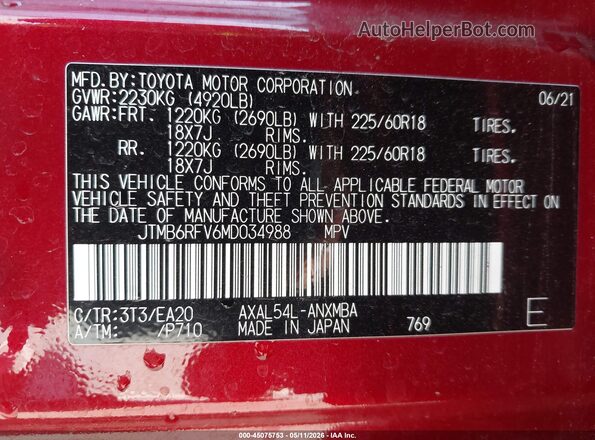 JTMB6RFV6MD034988 2021 TOYOTA LE Red ძრავის განყოფილების ხედი