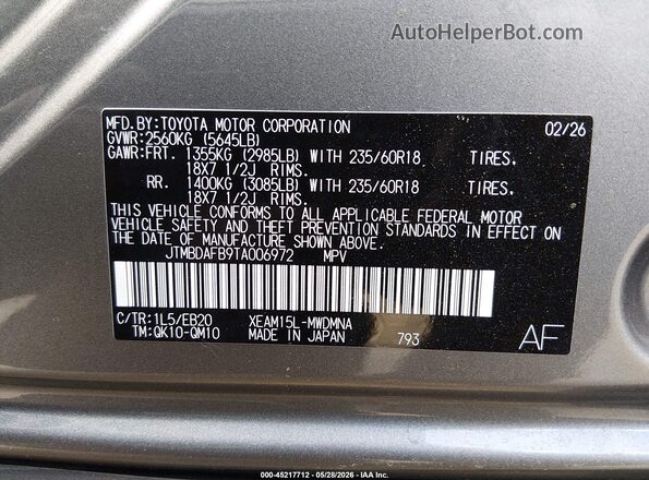 JTMBDAFB9TA006972 2026 TOYOTA BZ Gray Vista del compartimento del motor