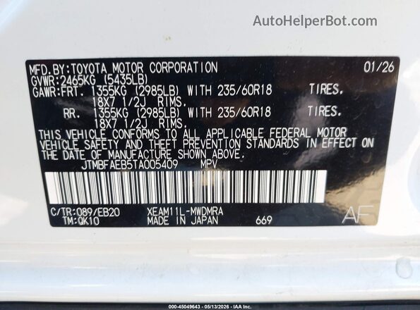 JTMBFAEB5TA005409 2026 TOYOTA LE White Engine compartment view