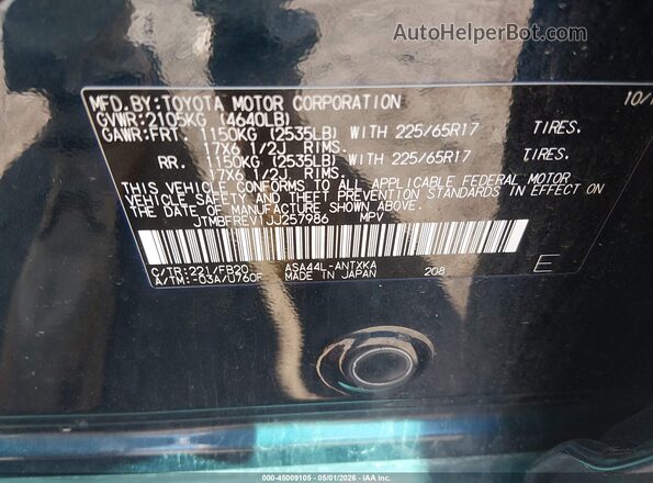 JTMBFREV1JJ257986 2018 TOYOTA LE Dark Blue Շարժիչի բաժամունքի տեսք