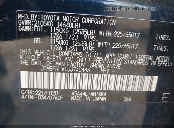 JTMBFREV1JJ740443 2018 TOYOTA LE Blue Widok komory silnika
