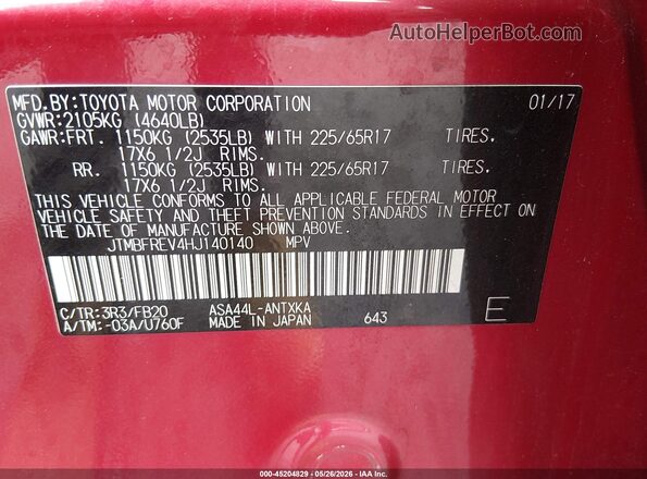JTMBFREV4HJ140140 2017 TOYOTA RAV4 Red Вид підкапотного простору