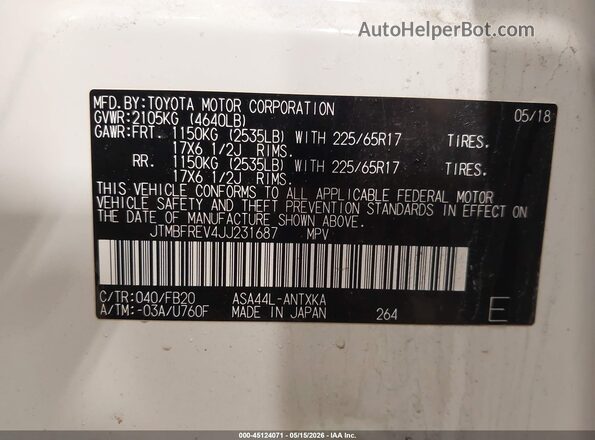 JTMBFREV4JJ231687 2018 TOYOTA RAV4 White Trasero derecho