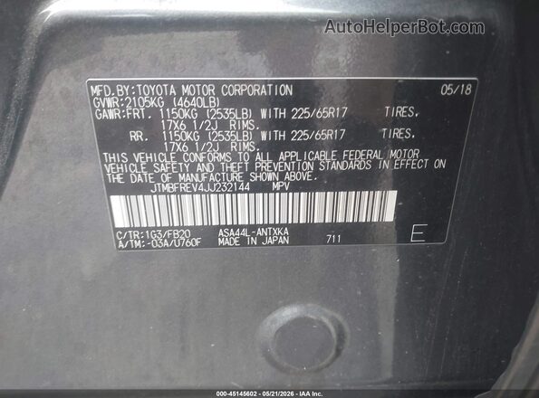 JTMBFREV4JJ232144 2018 TOYOTA RAV4 Gray Widok komory silnika