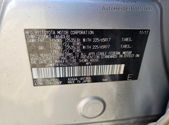 JTMBFREV6JJ196201 2018 TOYOTA LE Silver Widok naklejki z numerem VIN