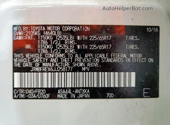 JTMBFREV6JJ258177 2018 TOYOTA RAV4 White 