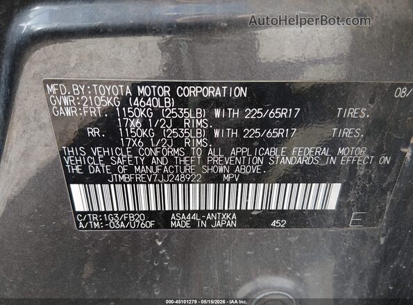 JTMBFREV7JJ248922 2018 TOYOTA RAV4 Gray 