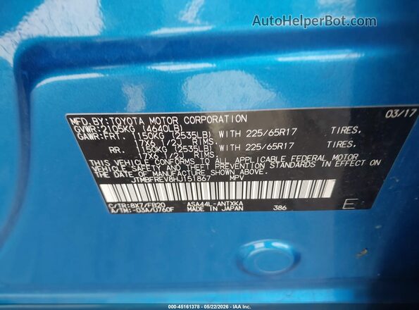 JTMBFREV8HJ151867 2017 TOYOTA RAV4 Blue ძრავის განყოფილების ხედი