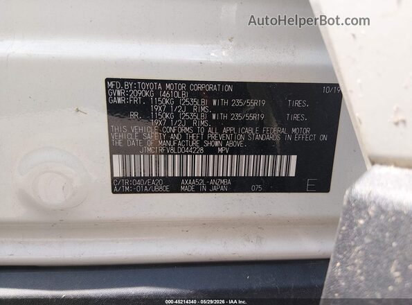 JTMC1RFV8LD044228 2020 TOYOTA RAV4 White Շարժիչի բաժամունքի տեսք