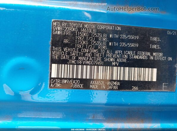 JTMC1RFV9MD079491 2021 TOYOTA LE Blue Շարժիչի բաժամունքի տեսք