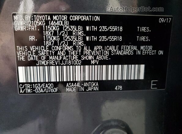 JTMDFREV1JJ181002 2018 TOYOTA LIMITED Gray Widok naklejki z numerem VIN