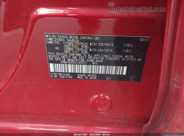 JTMDFREV2HJ145572 2017 TOYOTA RAV4 Red Vista del compartimento del motor