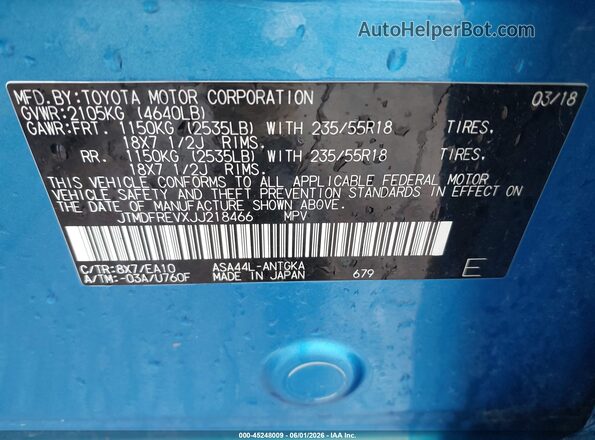 JTMDFREVXJJ218466 2018 TOYOTA RAV4 Blue Vista del compartimento del motor