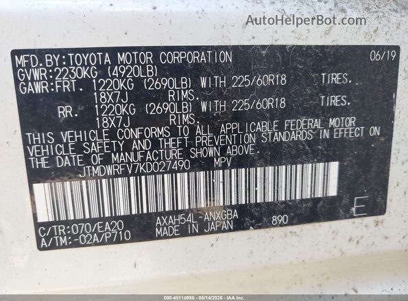 JTMDWRFV7KD027490 2019 TOYOTA RAV4 HYBRID White 