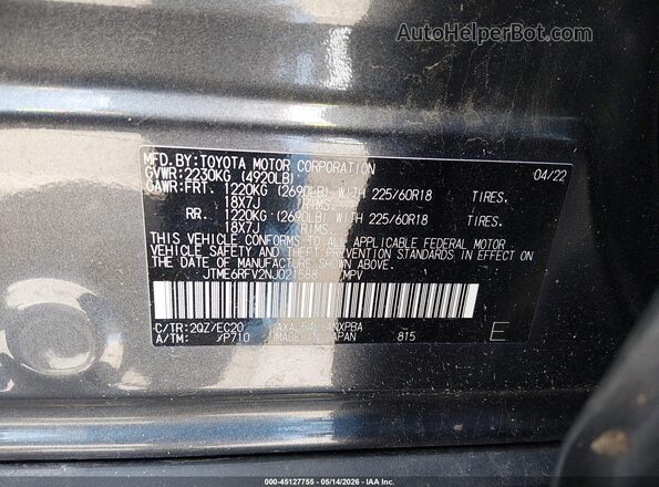JTME6RFV2NJ021588 2022 TOYOTA RAV4 HYBRID Gray Вид підкапотного простору
