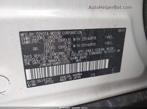 JTME6RFV6MD515935 2021 TOYOTA RAV4 HYBRID White 
