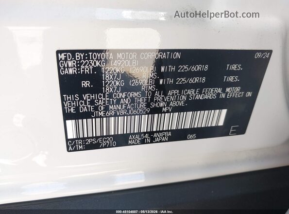 JTME6RFV8RJ060529 2024 TOYOTA RAV4 HYBRID White ძრავის განყოფილების ხედი