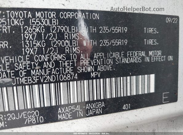JTMEB3FV2ND106874 2022 TOYOTA RAV4 PRIME White Engine compartment view