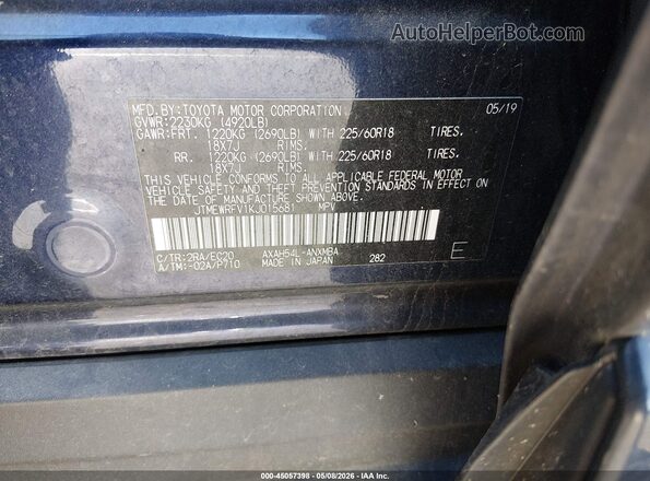 JTMEWRFV1KJ015681 2019 TOYOTA RAV4 HYBRID Синий Вид подкапотного пространства