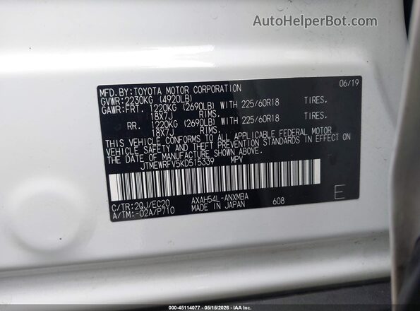 JTMEWRFV5KD515339 2019 TOYOTA RAV4 HYBRID White 
